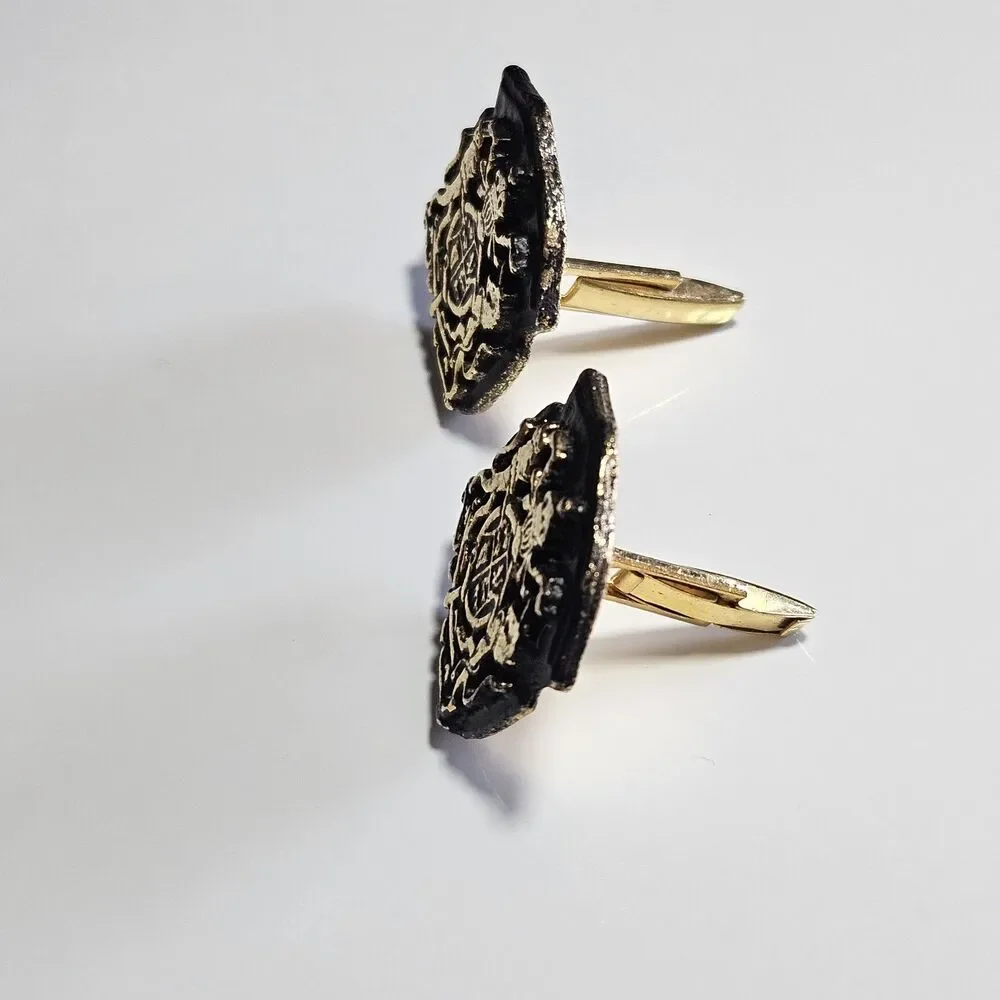 *Sale* Vintage Gold Tone Black Shield Coat Of Arms Family Crest Cuff Links